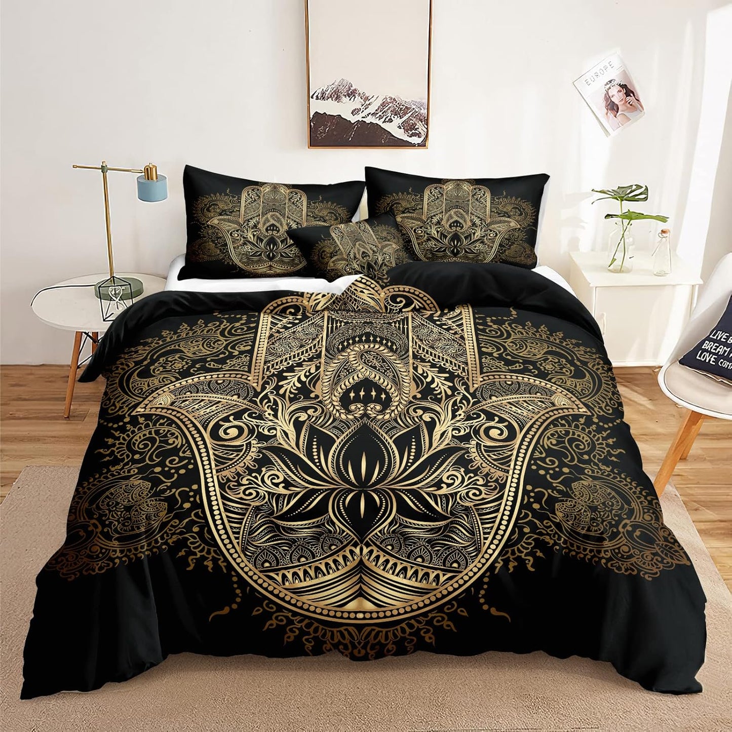 Black Gold Bedding Hamsa Hand Duvet Cover Set Golden Lucky Hand of Fatima Printed Bohemian Boys Girls Black Gold Bedding Sets Queen 1 Duvet Cover 2 Pillowcases (Hamsa Hand, Queen)