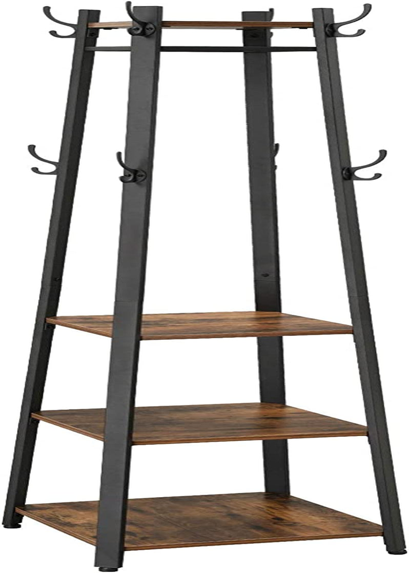 ALINRU Coat Rack with 3 Shelves, Stand with Hooks for Scarves, Bags and Umbrellas, Steel Frame, Industrial Style, Rustic Brown and Black ULCR80X