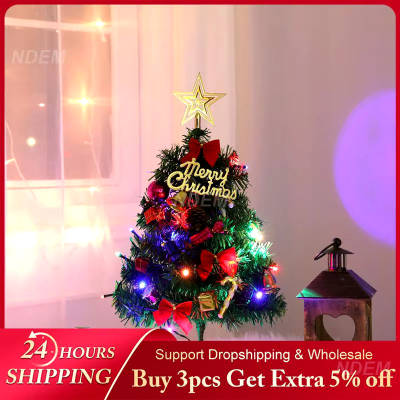 Tabletop Decorative Ornaments Handmade Household Party Decoration Christmas Pine Tree with Led String Lights 50Cm Mini Small