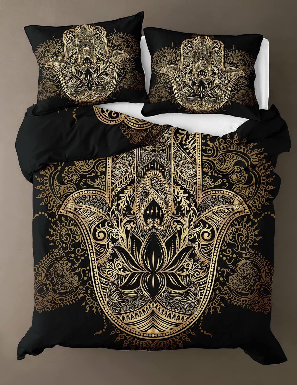 Black Gold Bedding Hamsa Hand Duvet Cover Set Golden Lucky Hand of Fatima Printed Bohemian Boys Girls Black Gold Bedding Sets Queen 1 Duvet Cover 2 Pillowcases (Hamsa Hand, Queen)